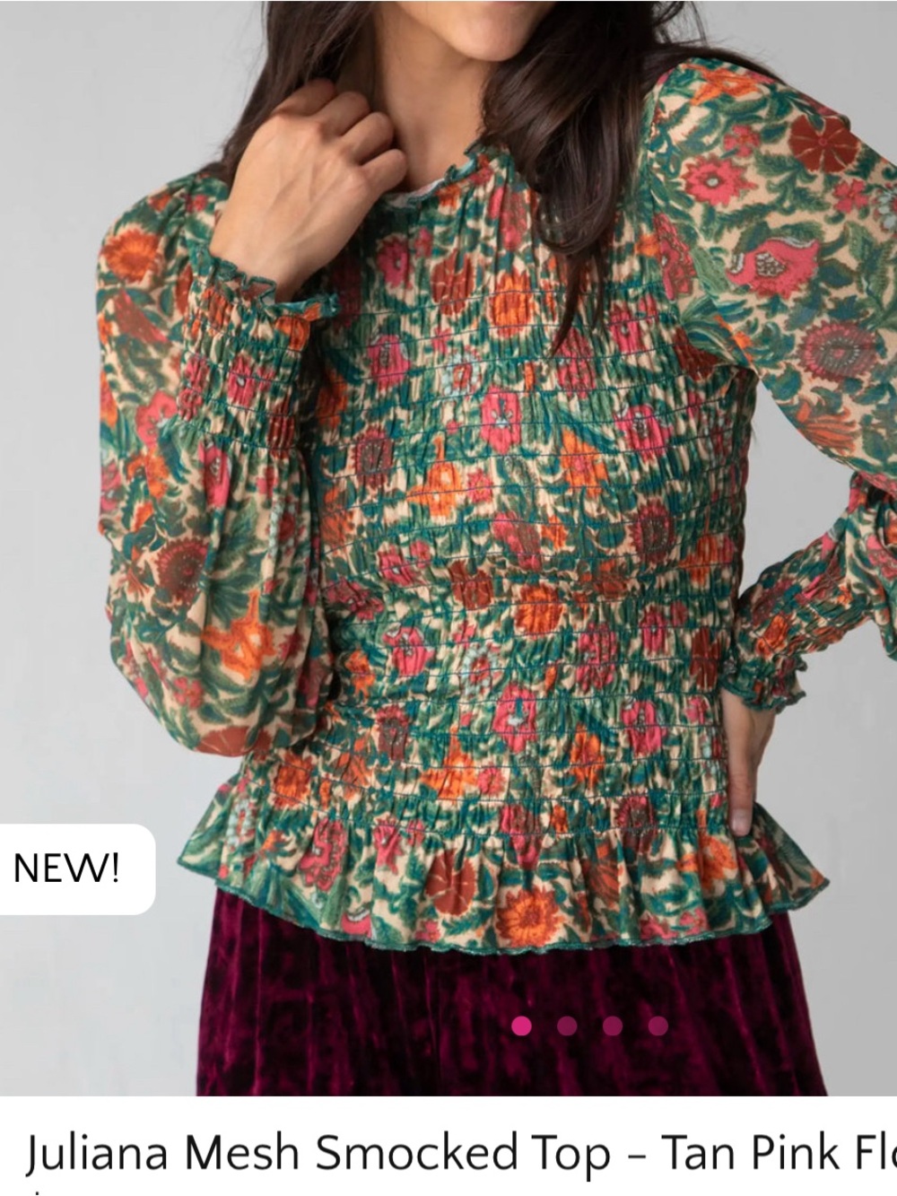 Natural Life Juliana Sheer Smocked LS Blouse NWT